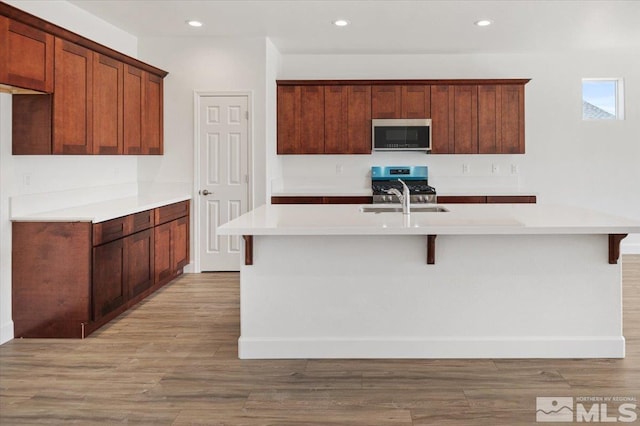 887 Agate, Fernley, NV 89408 - kitchen with stainless steel appliances, an island with sink, light wood-type flooring, light countertops, and recessed lighting