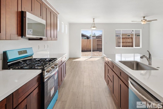 887 Agate, Fernley, NV 89408 - kitchen with stainless steel appliances, a sink, light wood-style flooring, light countertops, and a ceiling fan