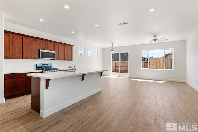887 Agate, Fernley, NV 89408 - kitchen with stainless steel appliances, a sink, light wood finished floors, a center island with sink, and light countertops