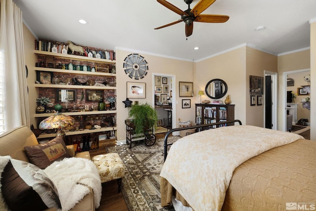 958 Marble Hills Cir, Sparks, NV 89436 - bedroom with wood finished floors, crown molding, a ceiling fan, and recessed lighting