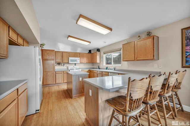 5620 Tassel Dr, Sun Valley, NV 89433 - kitchen featuring white appliances, light wood finished floors, a peninsula, and a breakfast bar