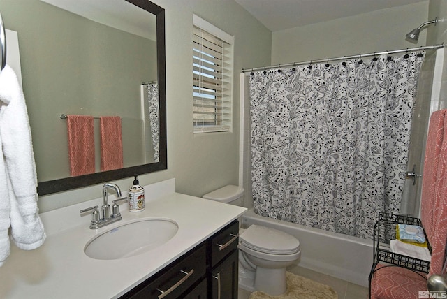 full bath with toilet, shower / bathtub combination with curtain, and vanity