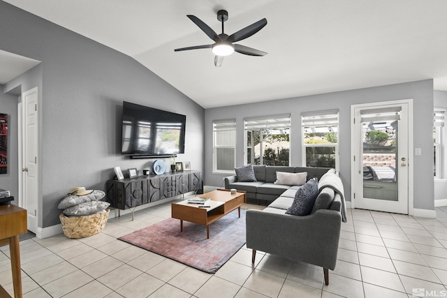 2445 Libero, Sparks, NV 89436 - living area with vaulted ceiling, ceiling fan, light tile patterned flooring, and baseboards