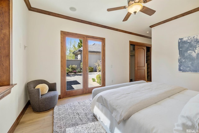 12360 High Vista Dr, Reno, NV 89511 - bedroom with access to exterior, ornamental molding, light wood-style floors, baseboards, and ceiling fan