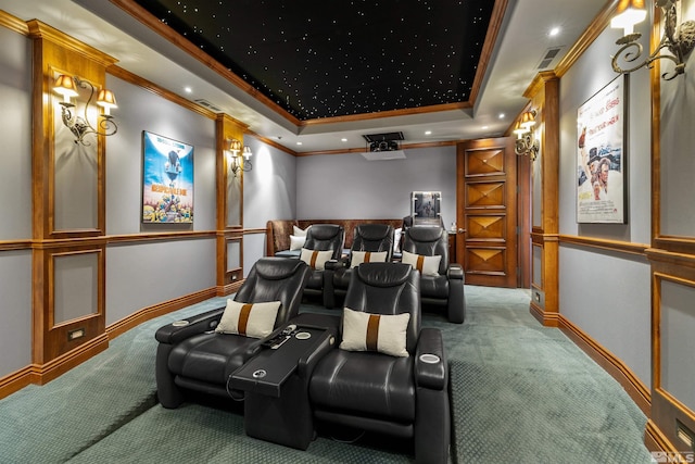 12360 High Vista Dr, Reno, NV 89511 - carpeted cinema with a tray ceiling, crown molding, baseboards, and recessed lighting