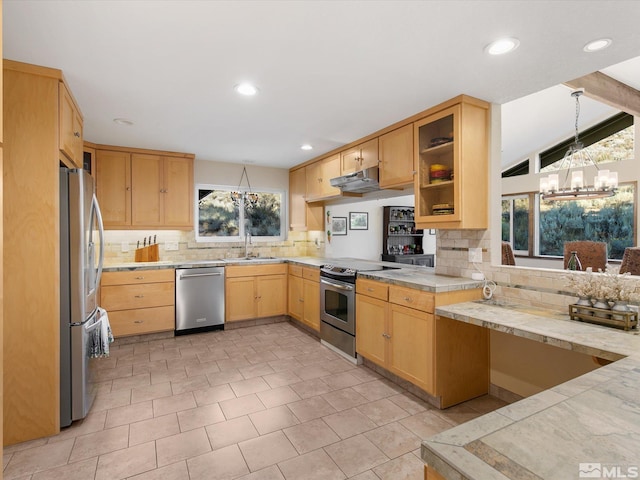 3750 Buckskin Rd, Carson City, NV 89703 - kitchen with appliances with stainless steel finishes, decorative backsplash, a sink, light brown cabinetry, and recessed lighting