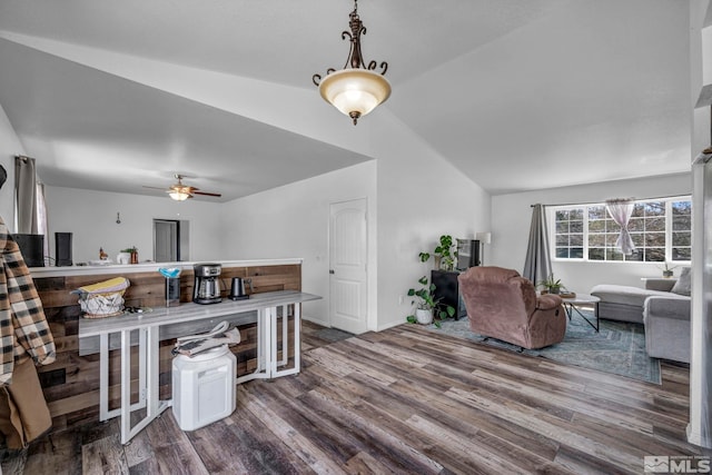 10205 Shenandoah Dr, Reno, NV 89508 - living room with lofted ceiling, wood finished floors, a ceiling fan, and baseboards