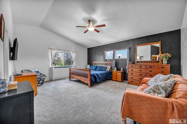 10205 Shenandoah Dr, Reno, NV 89508 - bedroom with vaulted ceiling, light colored carpet, and ceiling fan