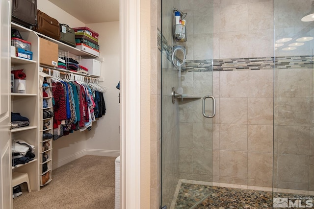 1058 Aspen Brook Ln, Gardnerville, NV 89460 - full bathroom with a shower stall, a walk in closet, and baseboards