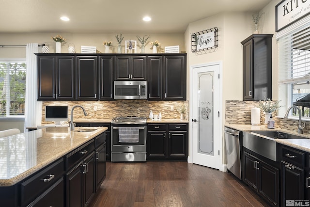540 Clove Hitch Ct, Sparks, NV 89441 - kitchen with stainless steel appliances, a sink, dark cabinets, and recessed lighting
