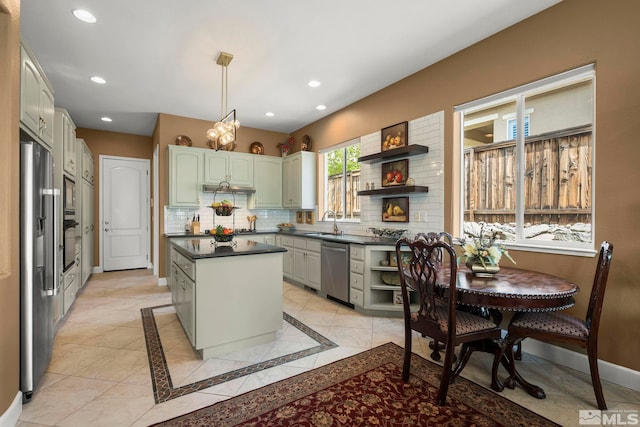2370 Hickory Hl, Reno, NV 89523 - kitchen featuring open shelves, stainless steel appliances, dark countertops, a sink, and tasteful backsplash