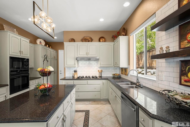 2370 Hickory Hl, Reno, NV 89523 - kitchen featuring black appliances, open shelves, a sink, under cabinet range hood, and tasteful backsplash