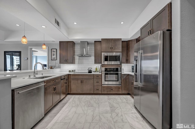 200 W 2nd St Unit 1202, Reno, NV 89501 - kitchen featuring appliances with stainless steel finishes, wall chimney exhaust hood, a sink, light marble finish floors, and light countertops