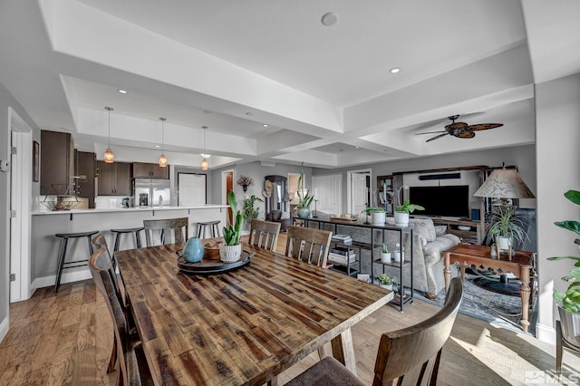 200 W 2nd St Unit 1202, Reno, NV 89501 - dining space with light wood-style flooring, ceiling fan, baseboards, recessed lighting, and coffered ceiling