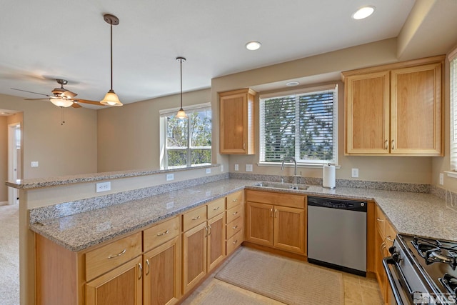 4845 Bougainvillea Cir, Sparks, NV 89436 - kitchen featuring stainless steel dishwasher, a sink, a peninsula, range with gas stovetop, and hanging light fixtures