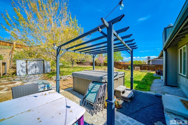 2120 Keystone Ave, Reno, NV 89503 - view of patio / terrace featuring a hot tub, a storage shed, a pergola, and an outdoor structure