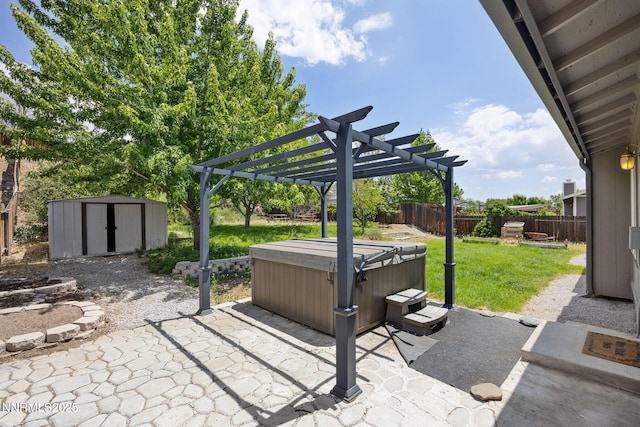 2120 Keystone Ave, Reno, NV 89503 - fenced backyard with a hot tub, a storage shed, a patio area, and a pergola