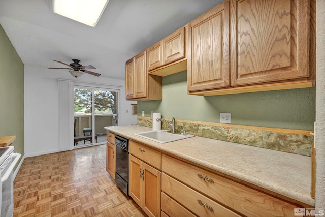 3865 E Leonesio Dr Unit F1, Reno, NV 89512 - kitchen featuring a sink, electric stove, dishwasher, light countertops, and ceiling fan