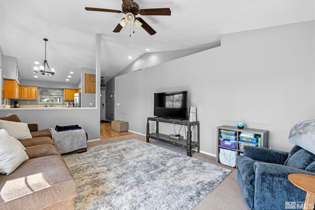 1359 Whooping Crane Dr, Sparks, NV 89441 - carpeted living room with lofted ceiling, a chandelier, ceiling fan, recessed lighting, and baseboards