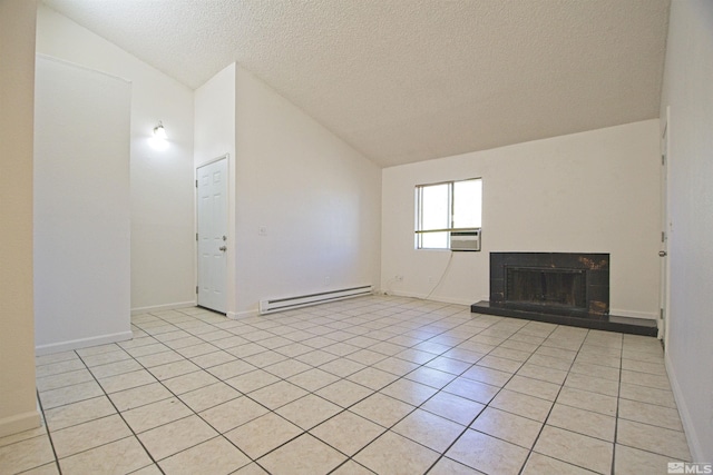 2375 Tripp Dr # 10, Reno, NV 89512 - unfurnished living room with vaulted ceiling, a baseboard radiator, a textured ceiling, light tile patterned flooring, and a fireplace with raised hearth