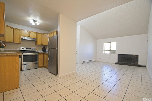 2375 Tripp Dr # 10, Reno, NV 89512 - kitchen featuring stainless steel appliances, under cabinet range hood, open floor plan, light tile patterned flooring, and baseboards