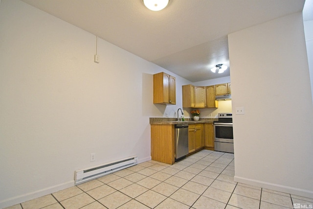 2375 Tripp Dr # 10, Reno, NV 89512 - kitchen with a baseboard heating unit, appliances with stainless steel finishes, under cabinet range hood, and baseboards