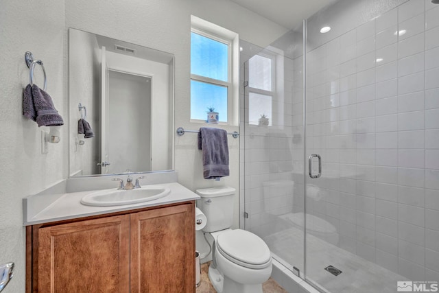 7836 Tarkio Ct, Sparks, NV 89436 - bathroom featuring a stall shower, toilet, vanity, and a textured wall