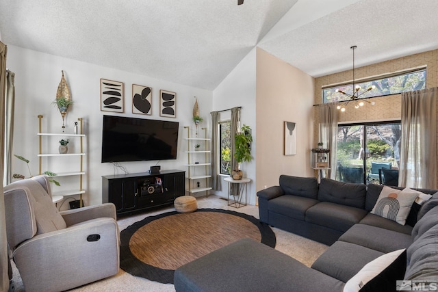 5276 Simons Dr, Reno, NV 89523 - living area featuring carpet flooring, a chandelier, high vaulted ceiling, and a textured ceiling