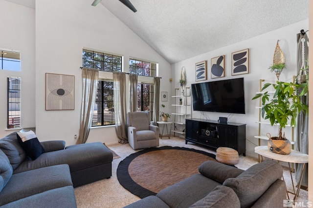 5276 Simons Dr, Reno, NV 89523 - living area with carpet floors, high vaulted ceiling, plenty of natural light, and a textured ceiling