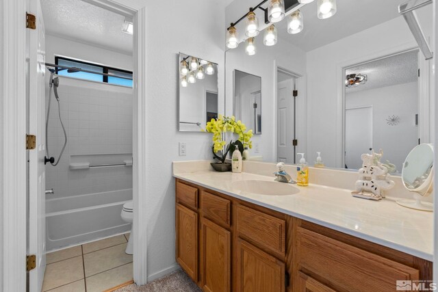 5276 Simons Dr, Reno, NV 89523 - bathroom featuring vanity, tile patterned floors, toilet, a textured ceiling, and  shower combination