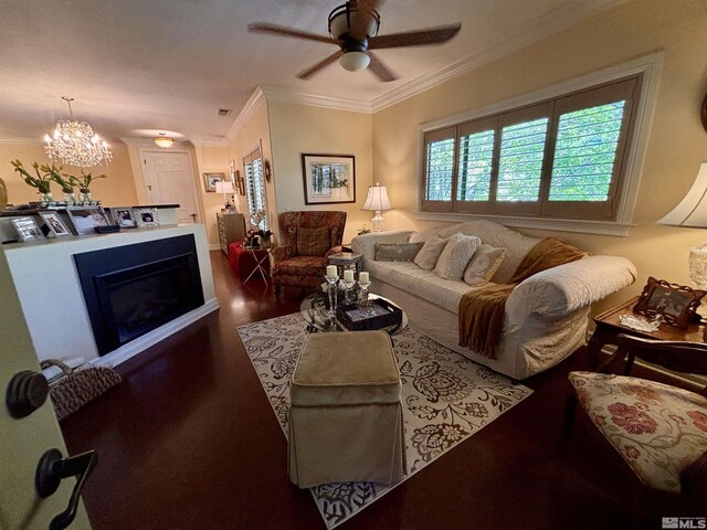 900 S Meadows Pkwy Apt 5021, Reno, NV 89521 - living room with ceiling fan, crown molding, a glass covered fireplace, a chandelier, and wood finished floors