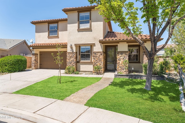 10655 Birch Point Ct, Reno, NV 89521 - mediterranean / spanish house with stone siding, stucco siding, a tile roof, and driveway