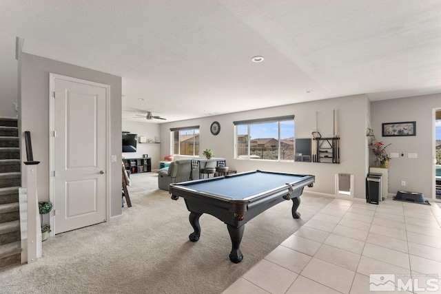 2449 Butte Creek Dr, Sparks, NV 89436 - rec room with billiards, recessed lighting, light colored carpet, light tile patterned flooring, and baseboards