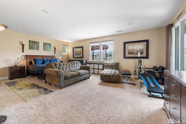 bedroom featuring carpet, baseboards, and recessed lighting
