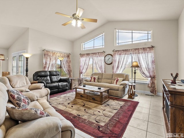 137 Desert Lakes Dr, Fernley, NV 89408 - living area featuring lofted ceiling, ceiling fan, light tile patterned floors, and french doors
