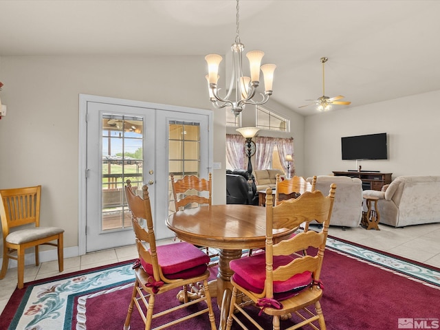 137 Desert Lakes Dr, Fernley, NV 89408 - dining area featuring lofted ceiling, french doors, light tile patterned floors, a chandelier, and ceiling fan