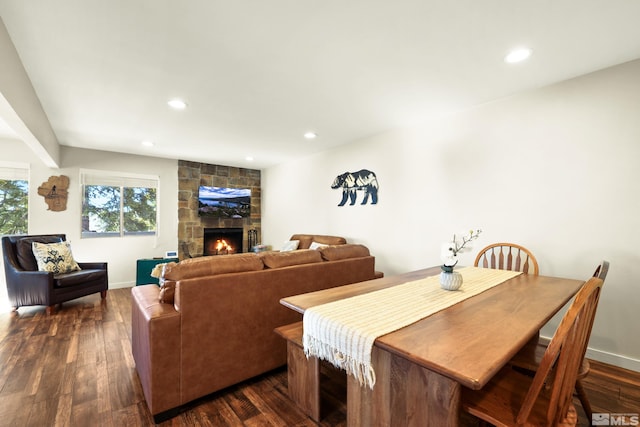 758 Milky Way Ct Unit E, Stateline, NV 89449 - dining room with dark wood-style flooring, recessed lighting, a fireplace, and baseboards