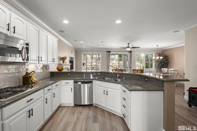 kitchen with appliances with stainless steel finishes, a sink, light wood finished floors, ornamental molding, and a peninsula