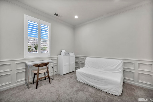5132 Ironstone Cir, Sparks, NV 89436 - living area featuring ornamental molding, light carpet, wainscoting, a desk, and a decorative wall