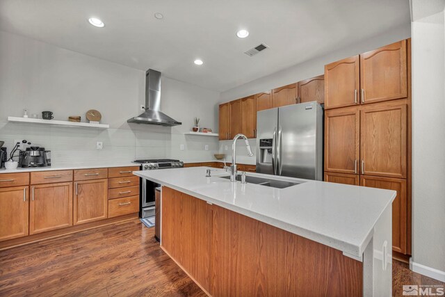 5132 Ironstone Cir, Sparks, NV 89436 - kitchen with wall chimney exhaust hood, appliances with stainless steel finishes, open shelves, a sink, and recessed lighting