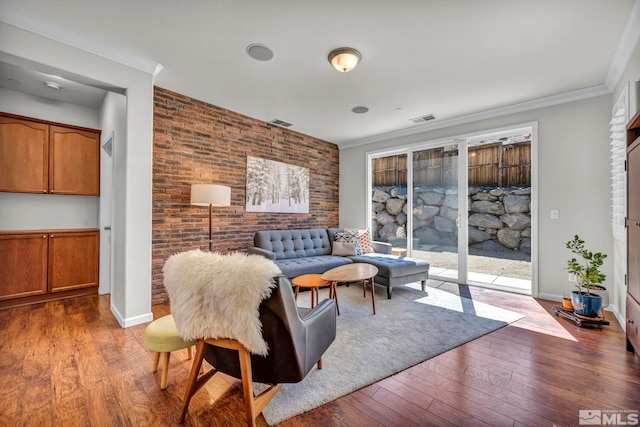 5132 Ironstone Cir, Sparks, NV 89436 - living room featuring wood-type flooring, brick wall, crown molding, and baseboards