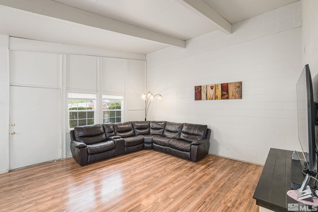 11420 Rocky Mountain St, Reno, NV 89506 - living area with light wood-style flooring, beam ceiling, and concrete block wall