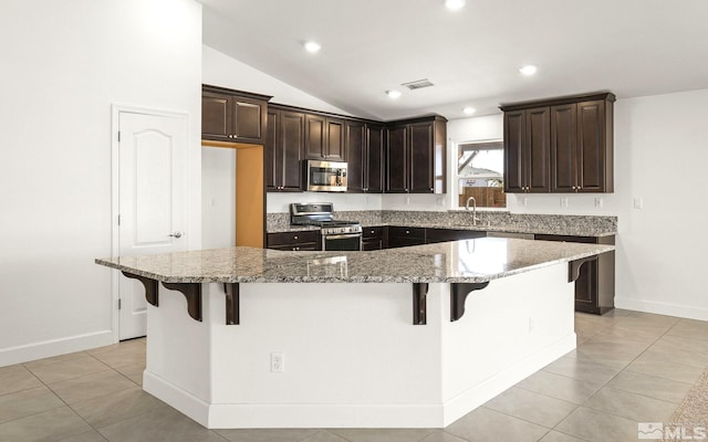 1132 Alder Walk Way, Sparks, NV 89441 - kitchen featuring stainless steel appliances, a sink, light stone countertops, dark brown cabinetry, and lofted ceiling