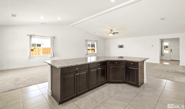 1132 Alder Walk Way, Sparks, NV 89441 - kitchen with light carpet, open floor plan, plenty of natural light, a ceiling fan, and lofted ceiling