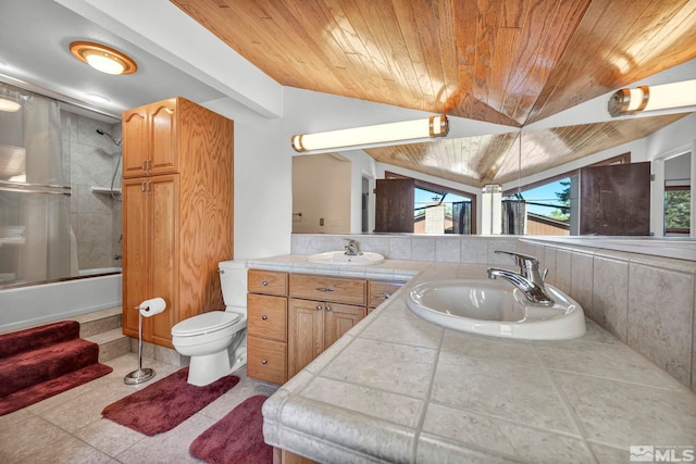 2012 Branch Ln, Reno, NV 89509 - full bath featuring wooden ceiling, lofted ceiling, double vanity, shower / bath combination with glass door, and tile patterned floors