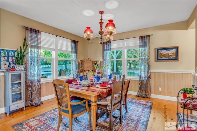 212 Foothill Meadows Ct, Genoa, NV 89411 - dining space with a chandelier, wood finished floors, baseboards, a wainscoted wall, and wooden walls