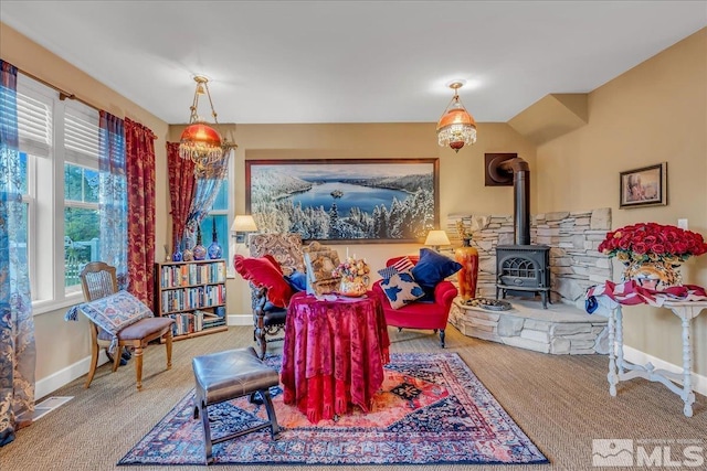 212 Foothill Meadows Ct, Genoa, NV 89411 - living room with a wood stove and baseboards