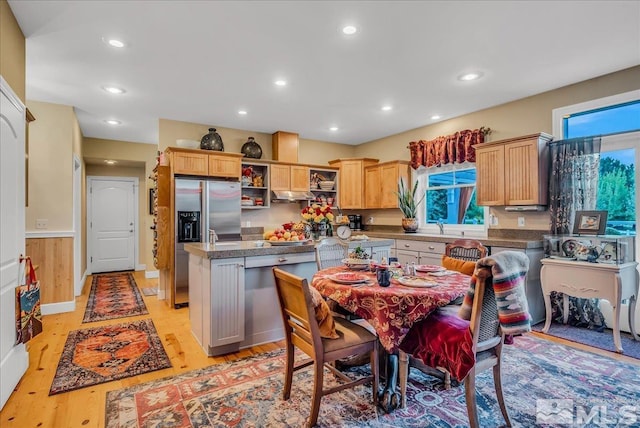 212 Foothill Meadows Ct, Genoa, NV 89411 - kitchen featuring dark countertops, light wood-style flooring, recessed lighting, open shelves, and stainless steel refrigerator with ice dispenser