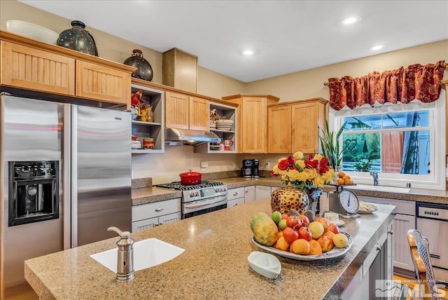212 Foothill Meadows Ct, Genoa, NV 89411 - kitchen with stainless steel appliances, open shelves, under cabinet range hood, recessed lighting, and light stone counters