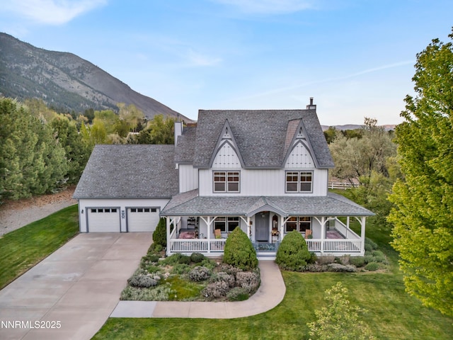 212 Foothill Meadows Ct, Genoa, NV 89411 - view of front of home with a porch, concrete driveway, a front lawn, and a chimney